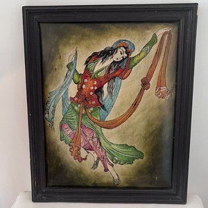 Persian Oriental Girl Dancing Vintage Persian Framed Hand Painting On Leather